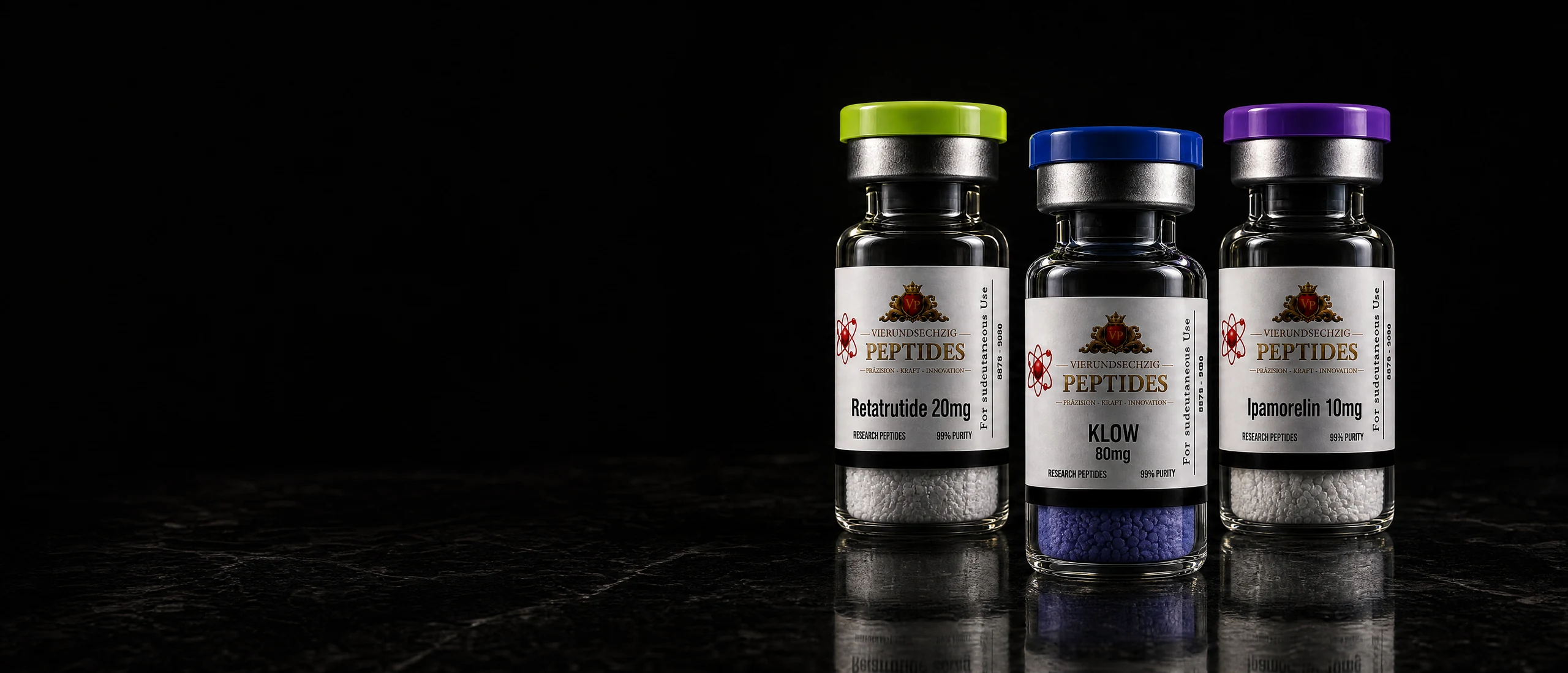 Viales de Vierundsechzig Peptides: Retatrutide 20mg, KLOW 80mg e Ipamorelin 10mg